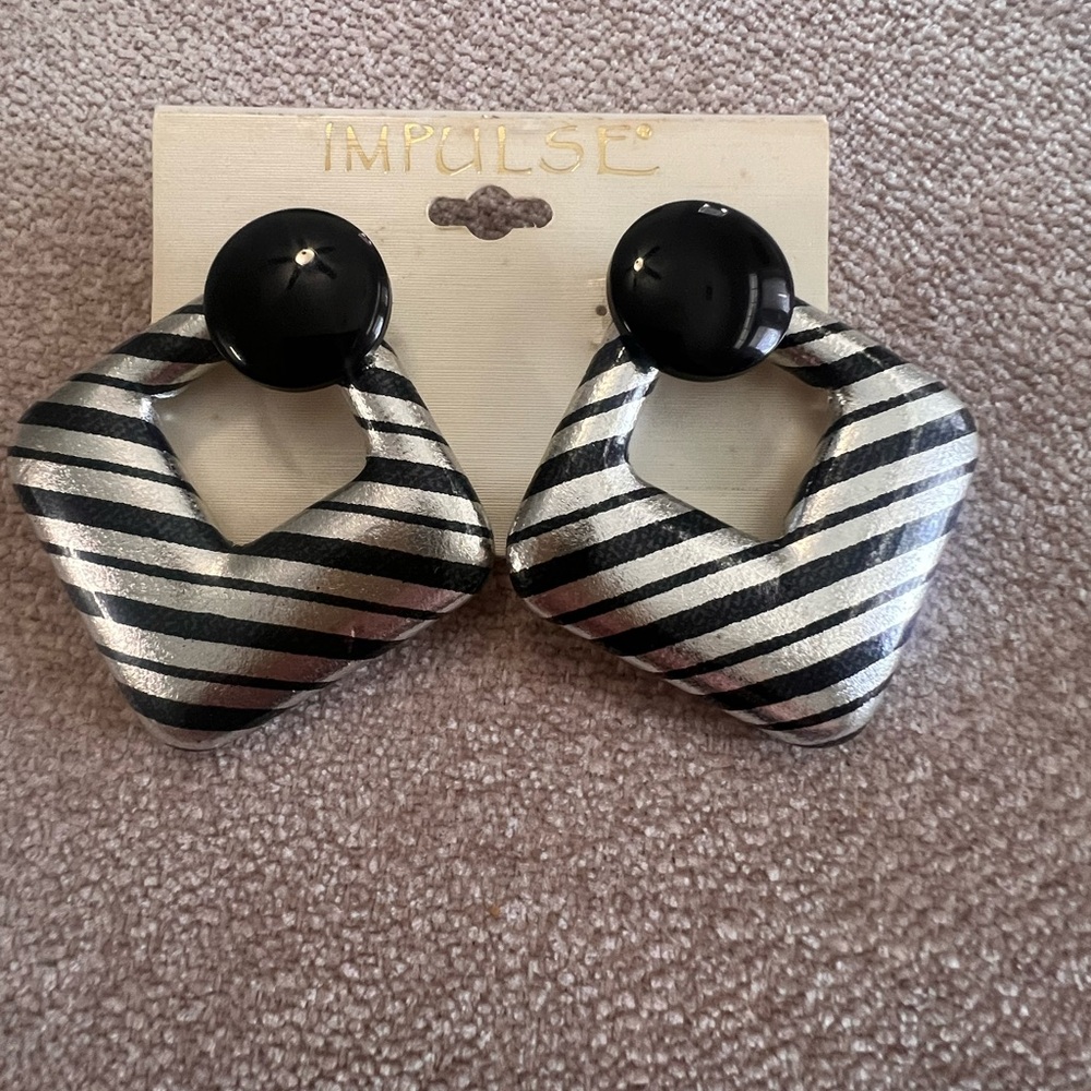 Vintage Black and Silver Striped Geometric Drop Earrings